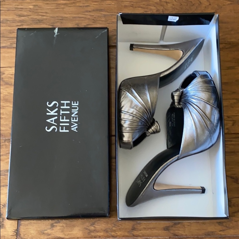Saks Fifth Avenue Sherry-O Pewter Leather Heels